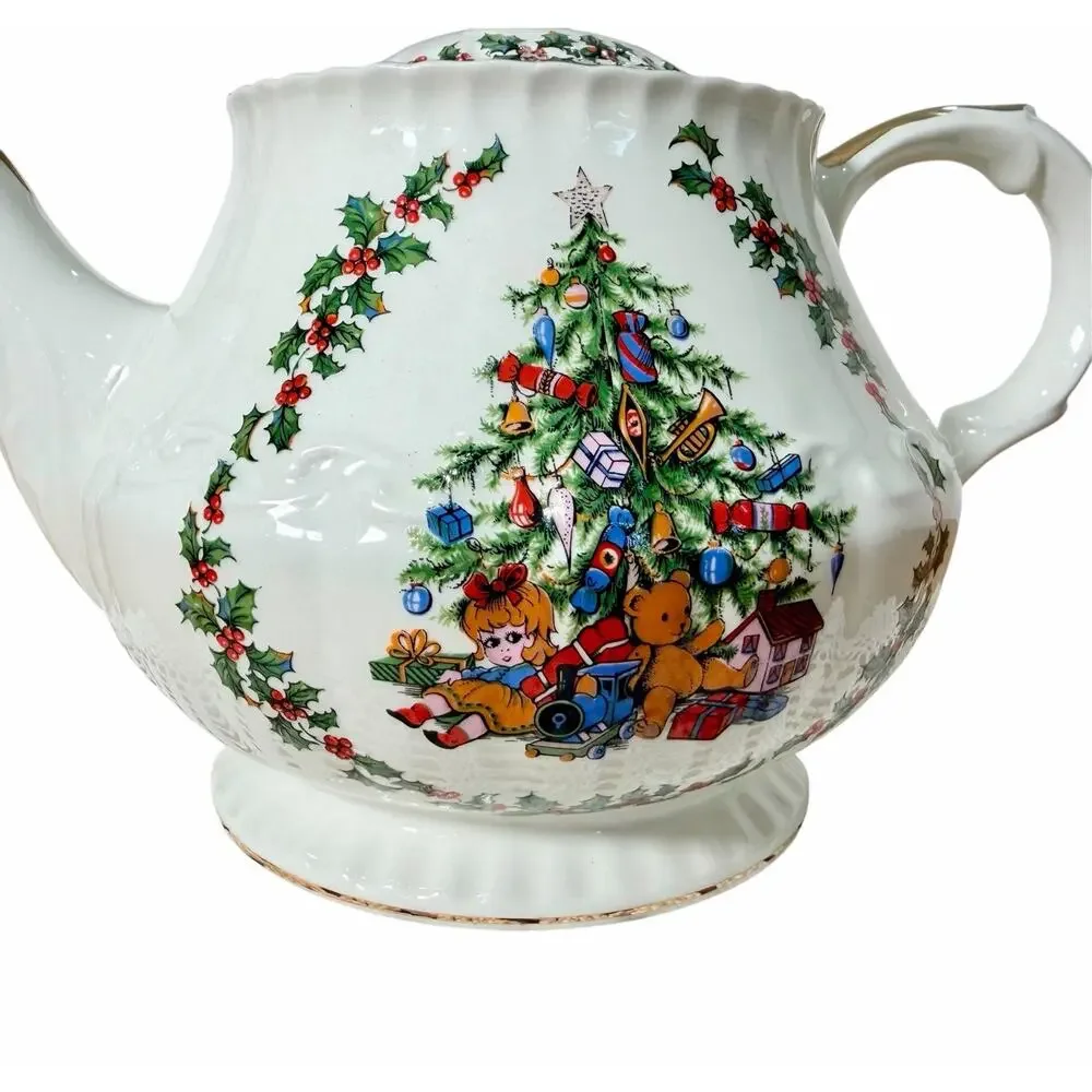 Vintage Schmid England Porcelain Christmas Musical Teapot WORKS O Xmas Tree
